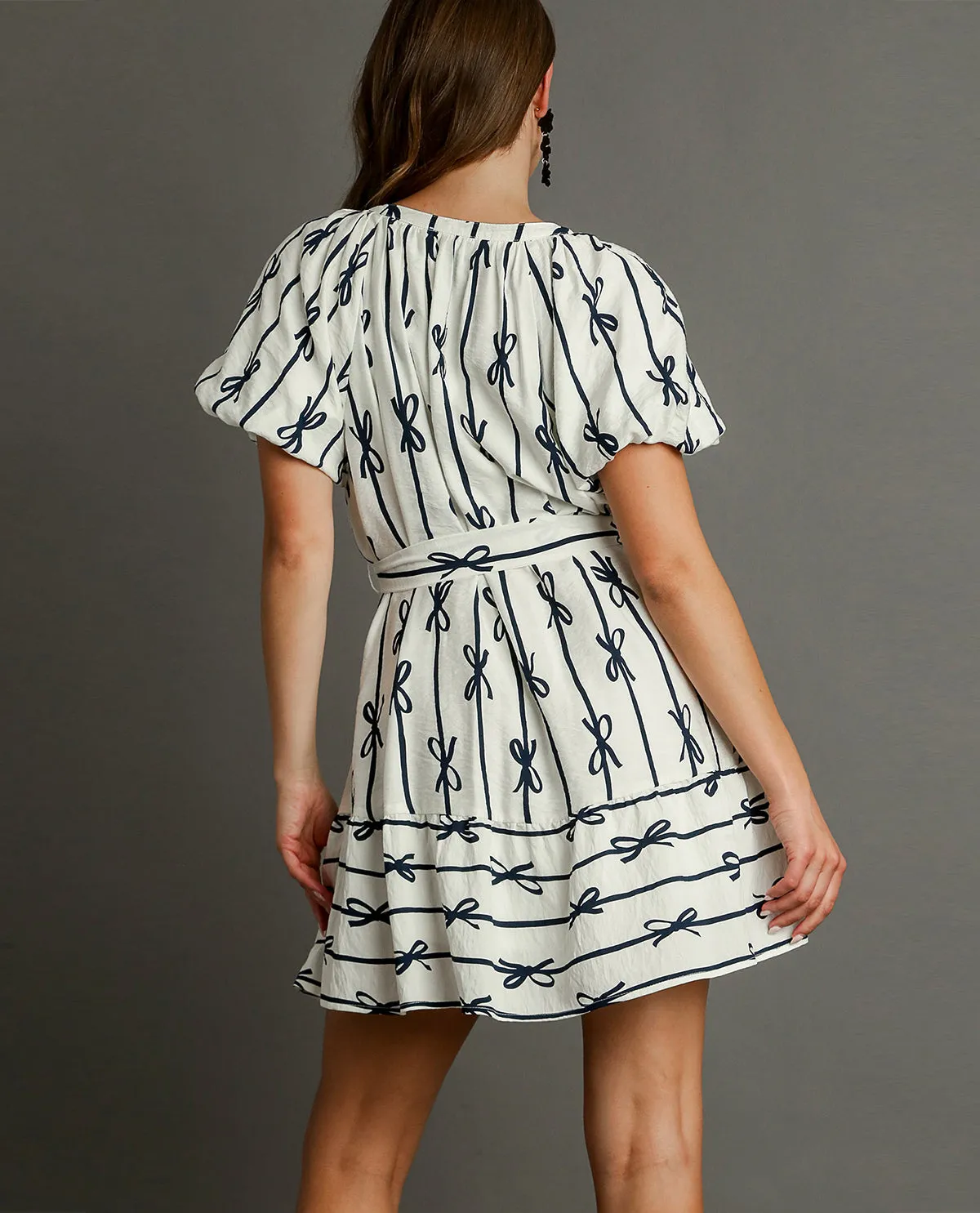 Bow Print Flutter Button-Down Mini Dress