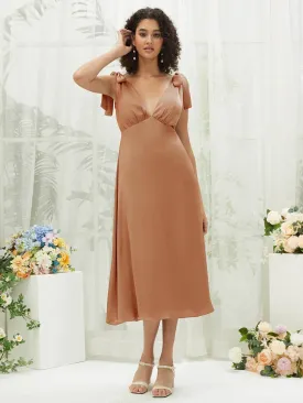 Bronzer V-Neck Detachable Bow Straps V-Neck Silk Satin Convertible Bridesmaid Dress Tea Length