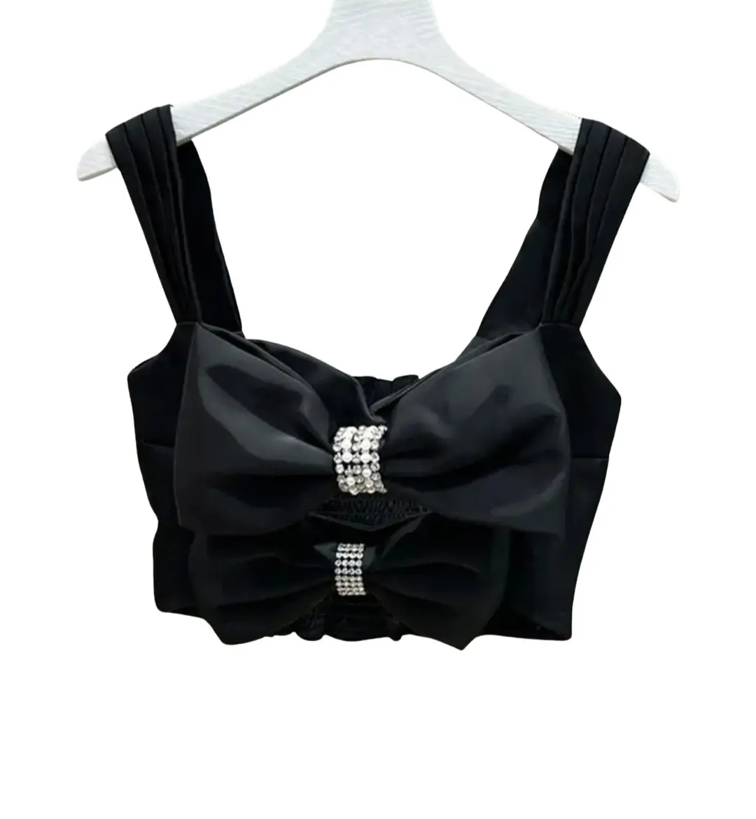 Crop satin smocked Diamond encrusted tank