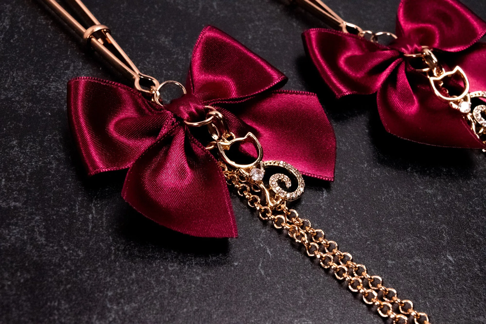 Deluxe Chained Burgundy Bow Tweezer Nipple Clamps in Rose Gold