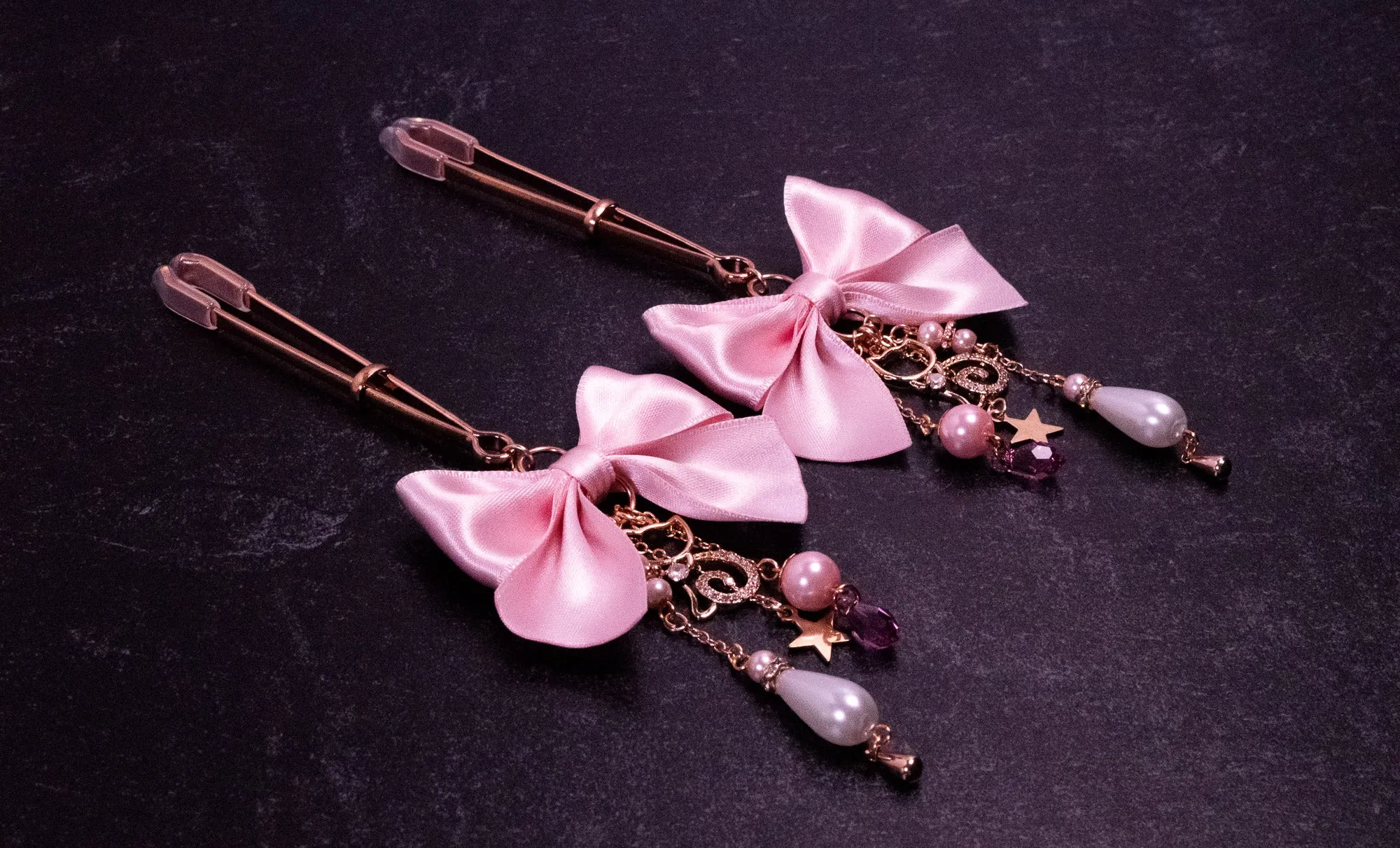 Deluxe Pink Bow Tweezer Nipple Clamps in Rose Gold