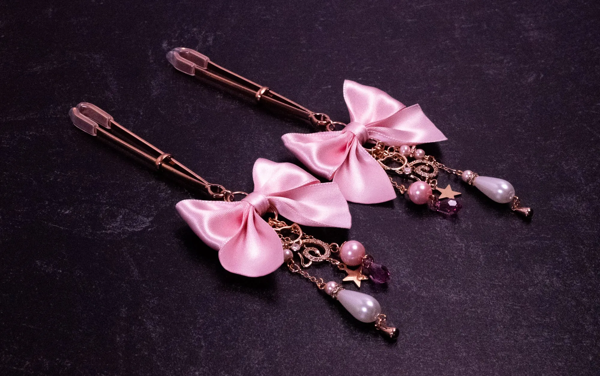 Deluxe Pink Bow Tweezer Nipple Clamps in Rose Gold