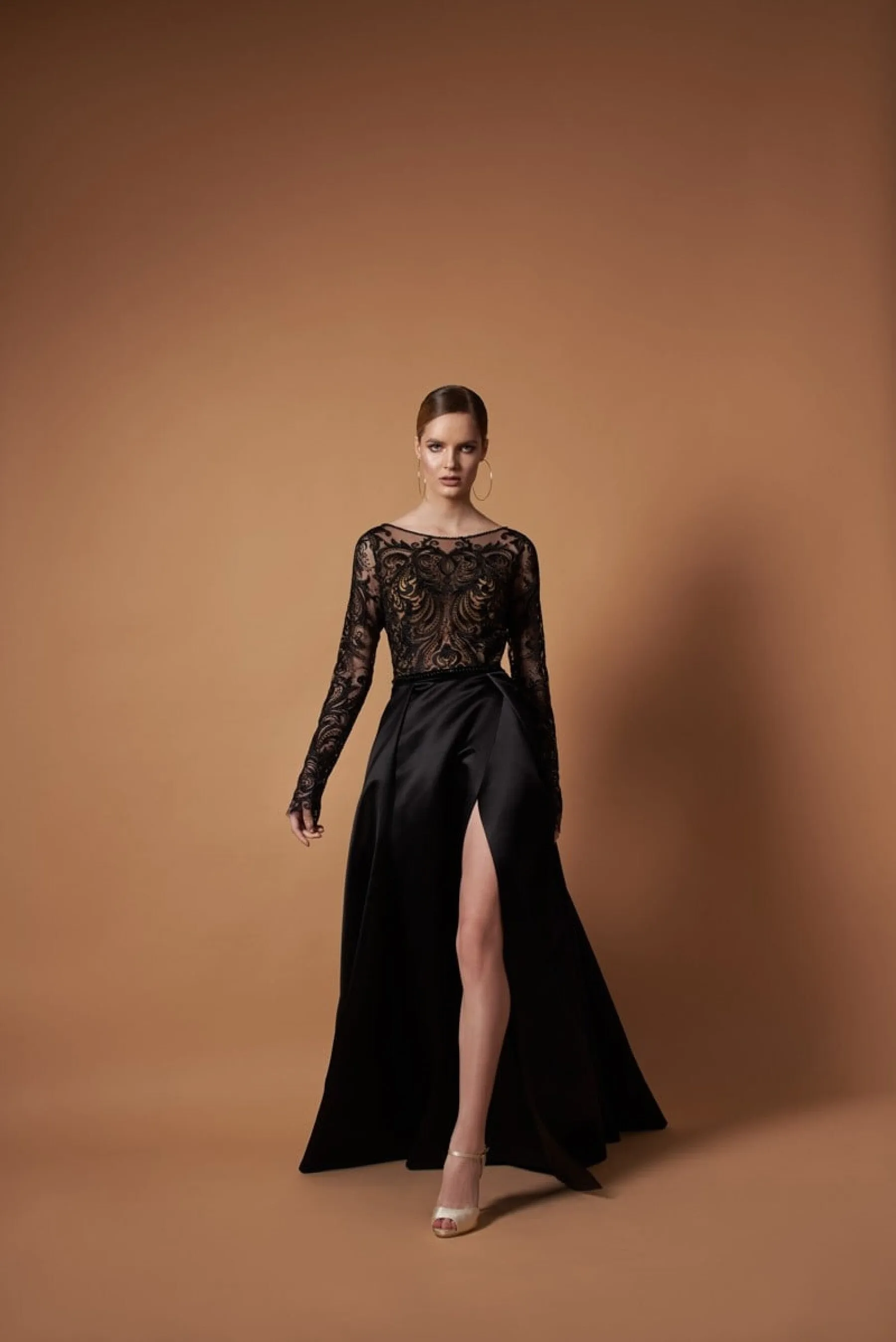 Dramatic Black Wedding Gown Evening Dress with a Slit