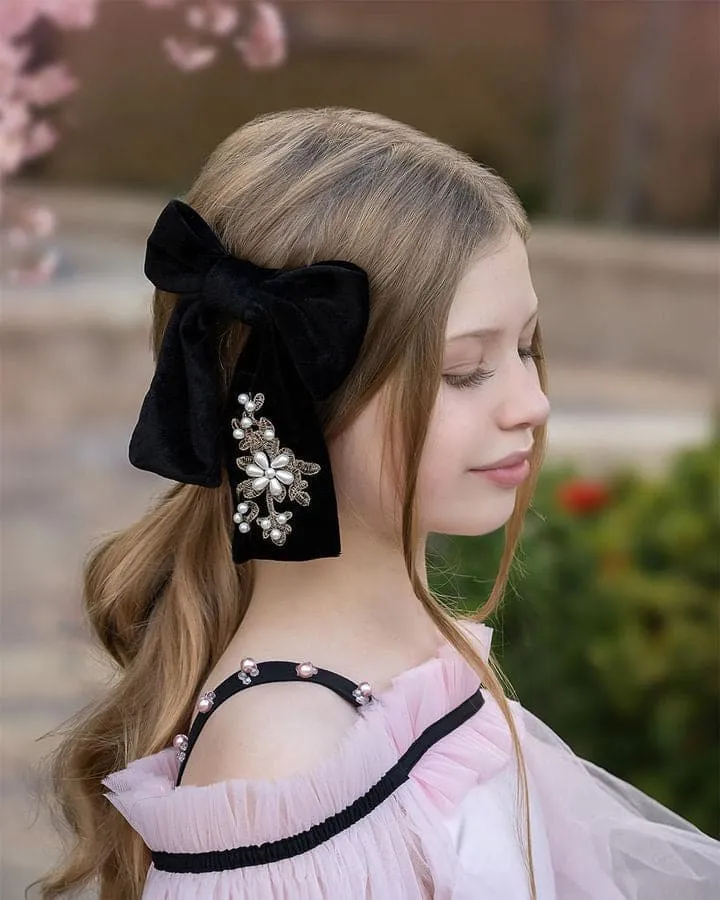 Embroidered Velvet Pearl Hair Bows