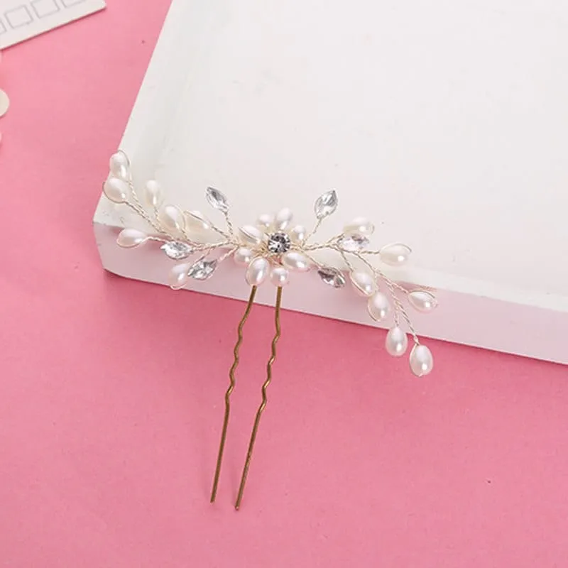 Floral Faux Pearl Hair Pin with Crystals