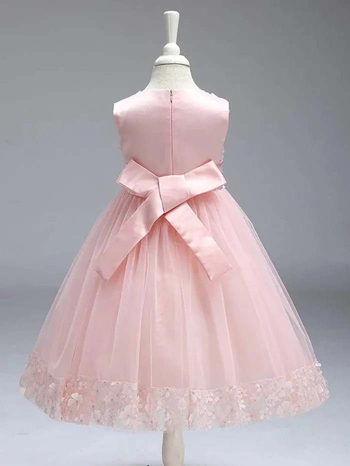 Flower Adorned Sheer Flower Girl Dress with Butterfly Bows