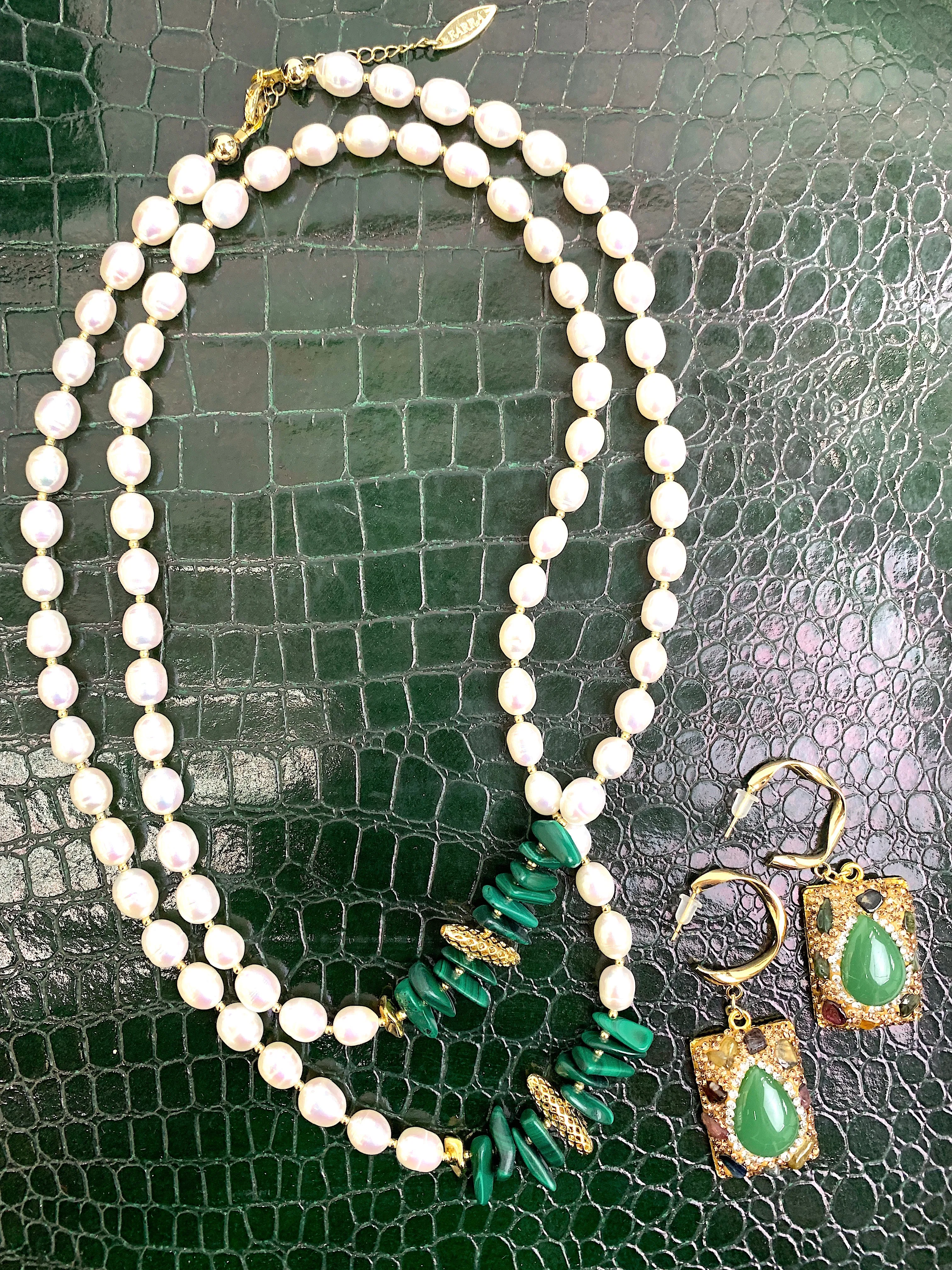 Freshwater Pearls With Malachite Sticks Multi-Way Necklace HN030