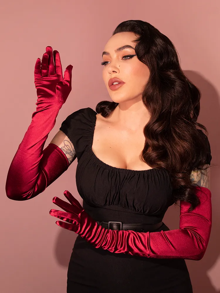 Full-Length Opera Gloves in Red Satin