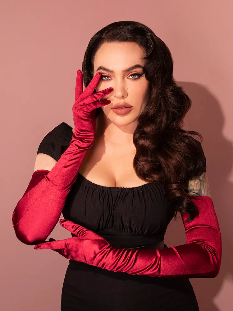 Full-Length Opera Gloves in Red Satin