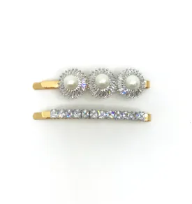 GLASS CRYSTAL FAUX PEARL HAIR CLIP SET