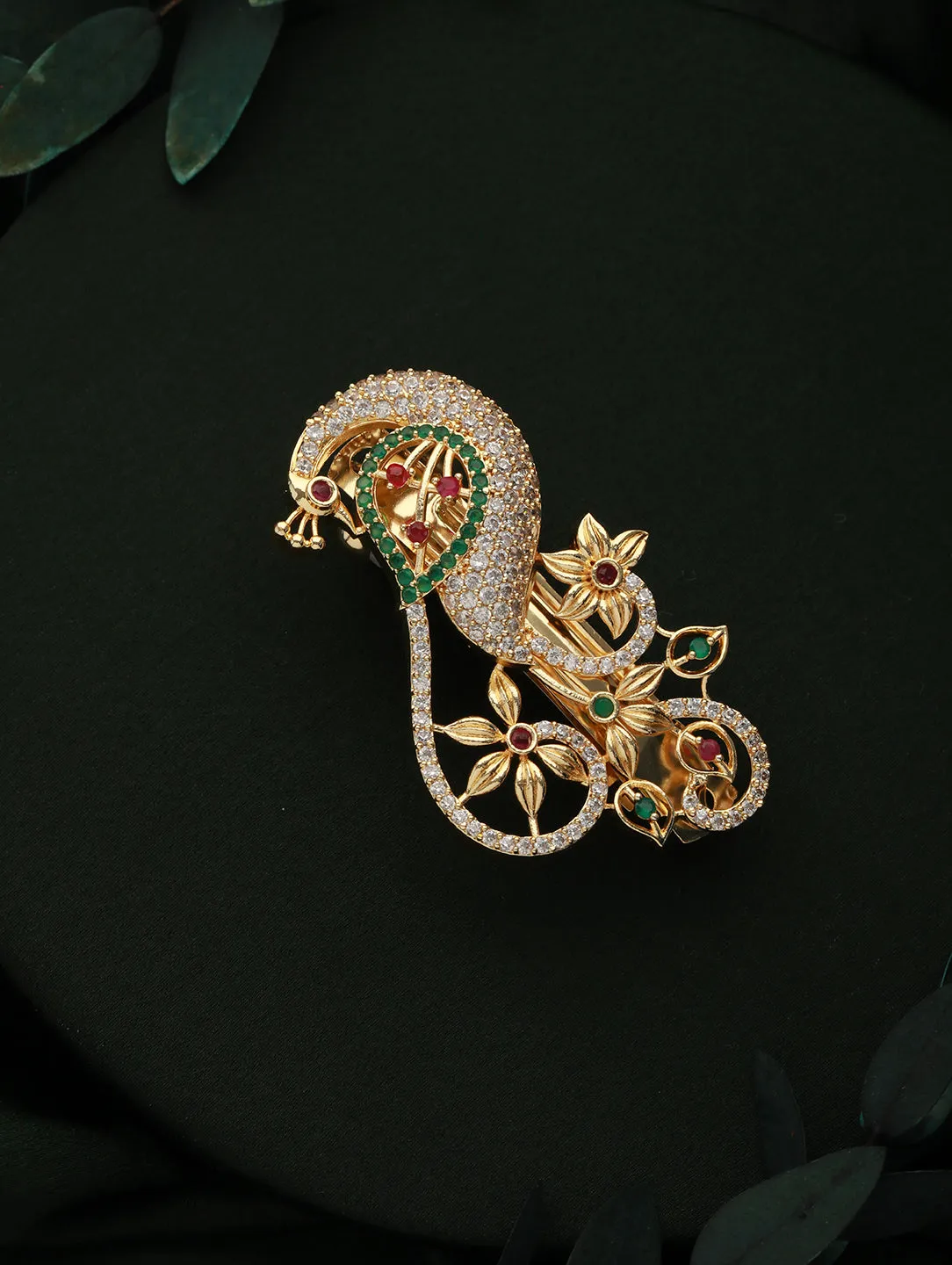 Gold Plated White Ad Studded Peacock Shaped Hair Pin