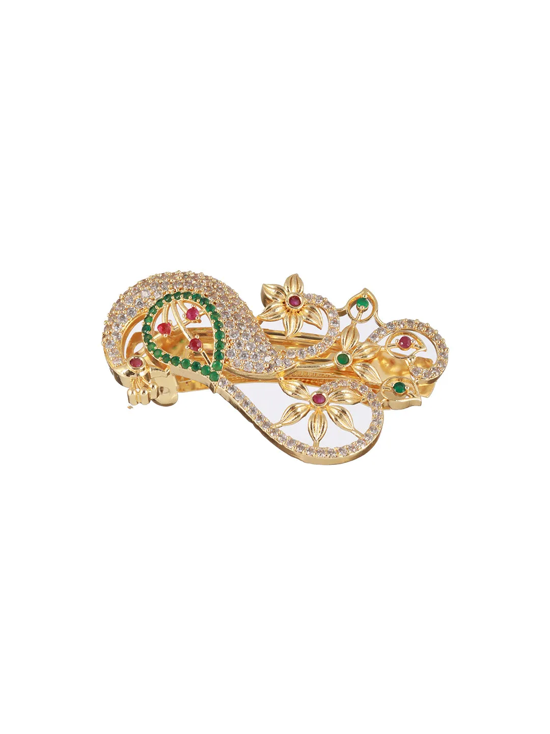 Gold Plated White Ad Studded Peacock Shaped Hair Pin