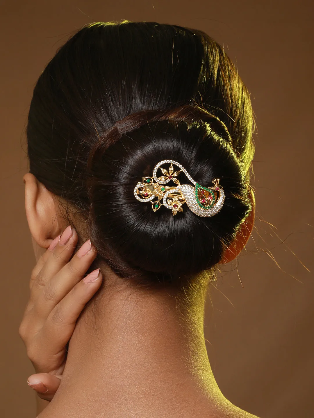 Gold Plated White Ad Studded Peacock Shaped Hair Pin