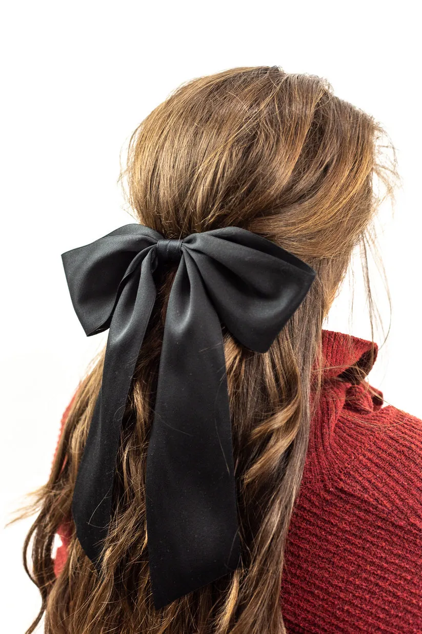 Grace & Grandeur - Oversized Bailee Matte Satin Bow Barrette Black