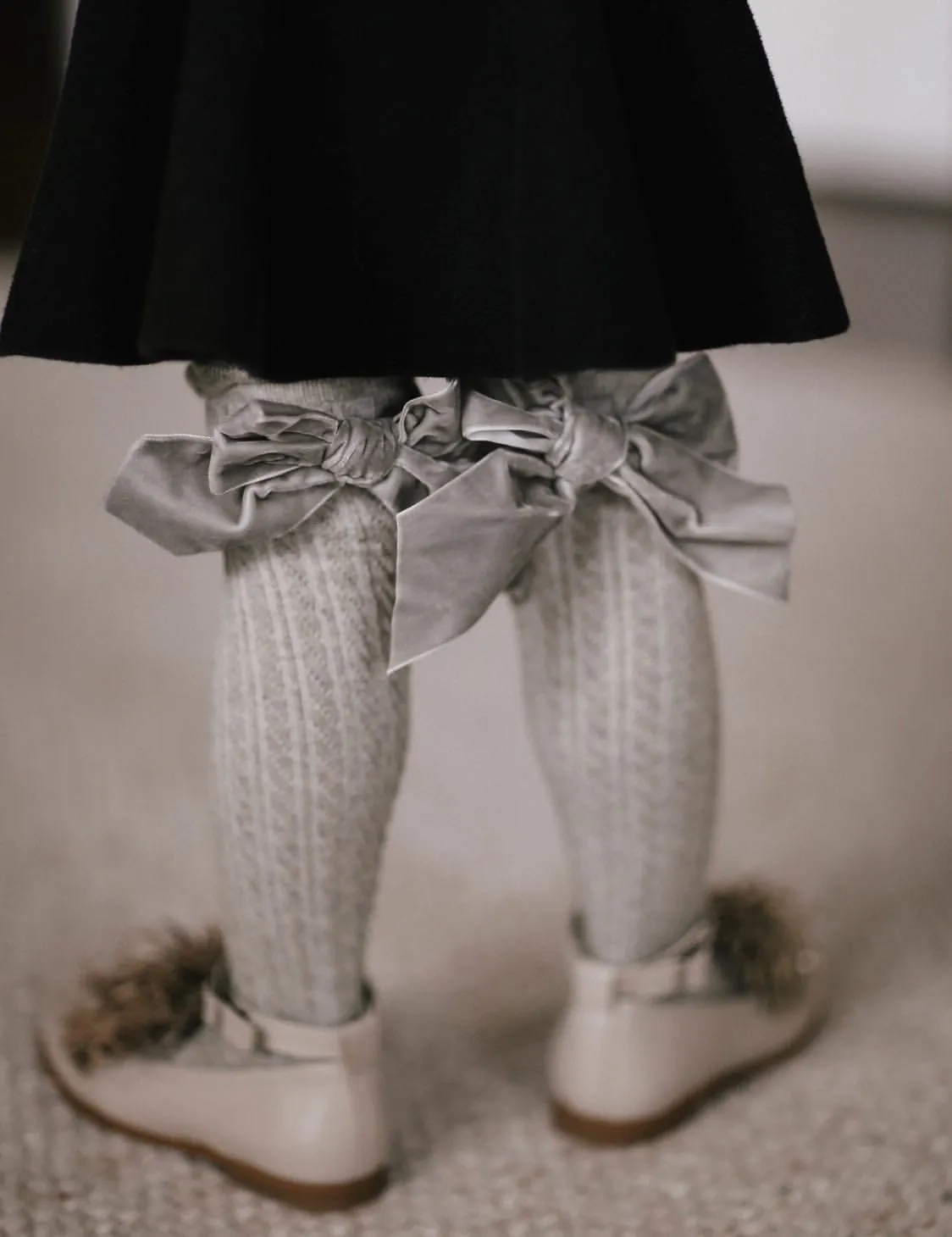 Grey Knee High Socks with Velvet Bows