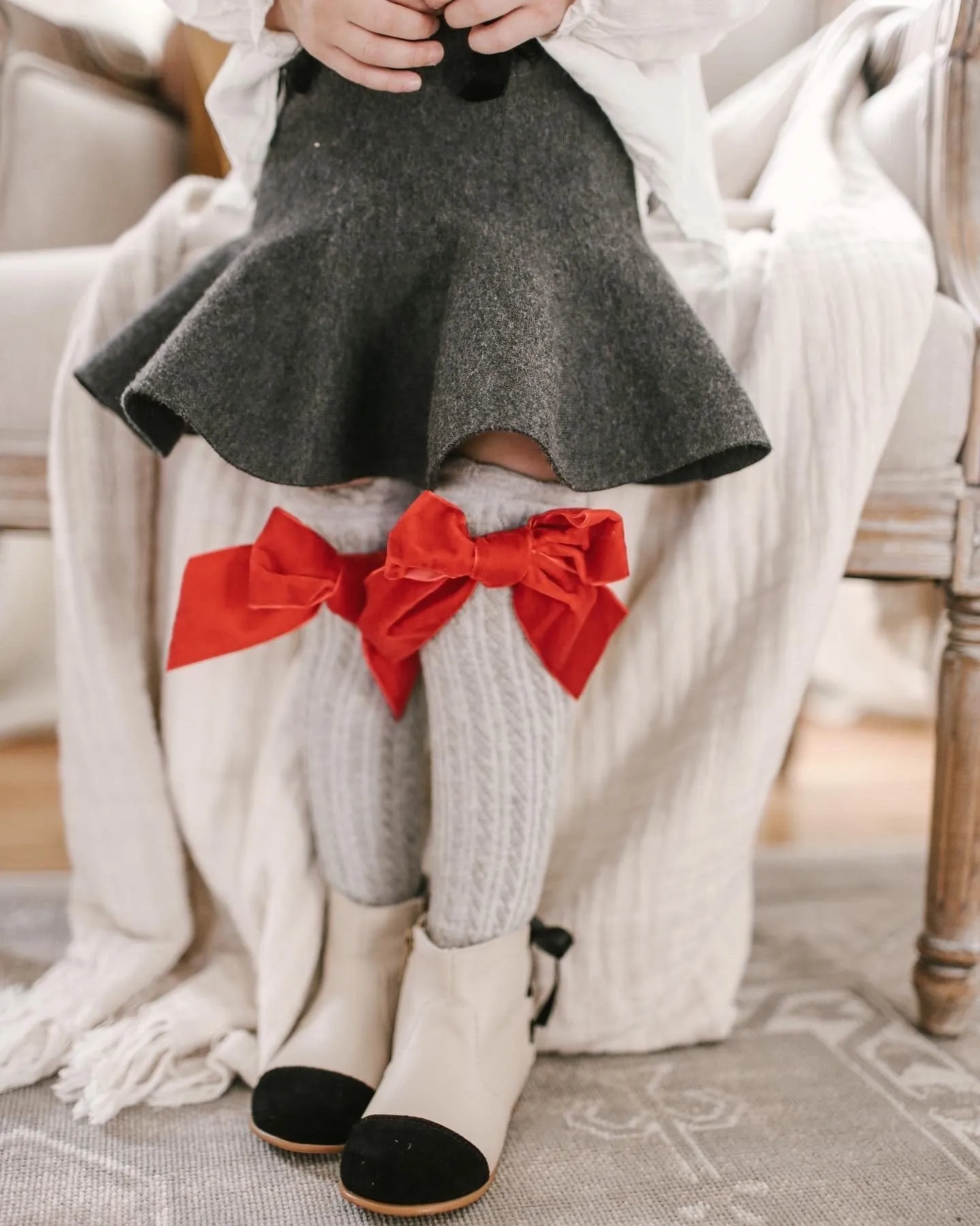 Grey Knee High Socks with Velvet Bows