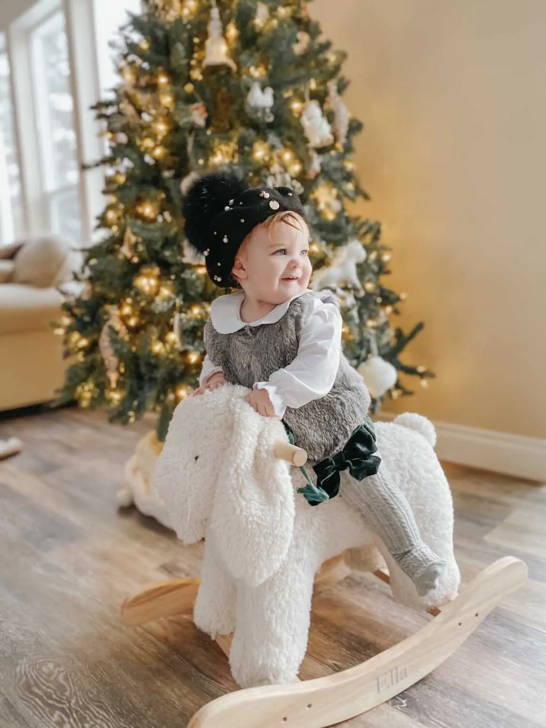 Grey Knee High Socks with Velvet Bows