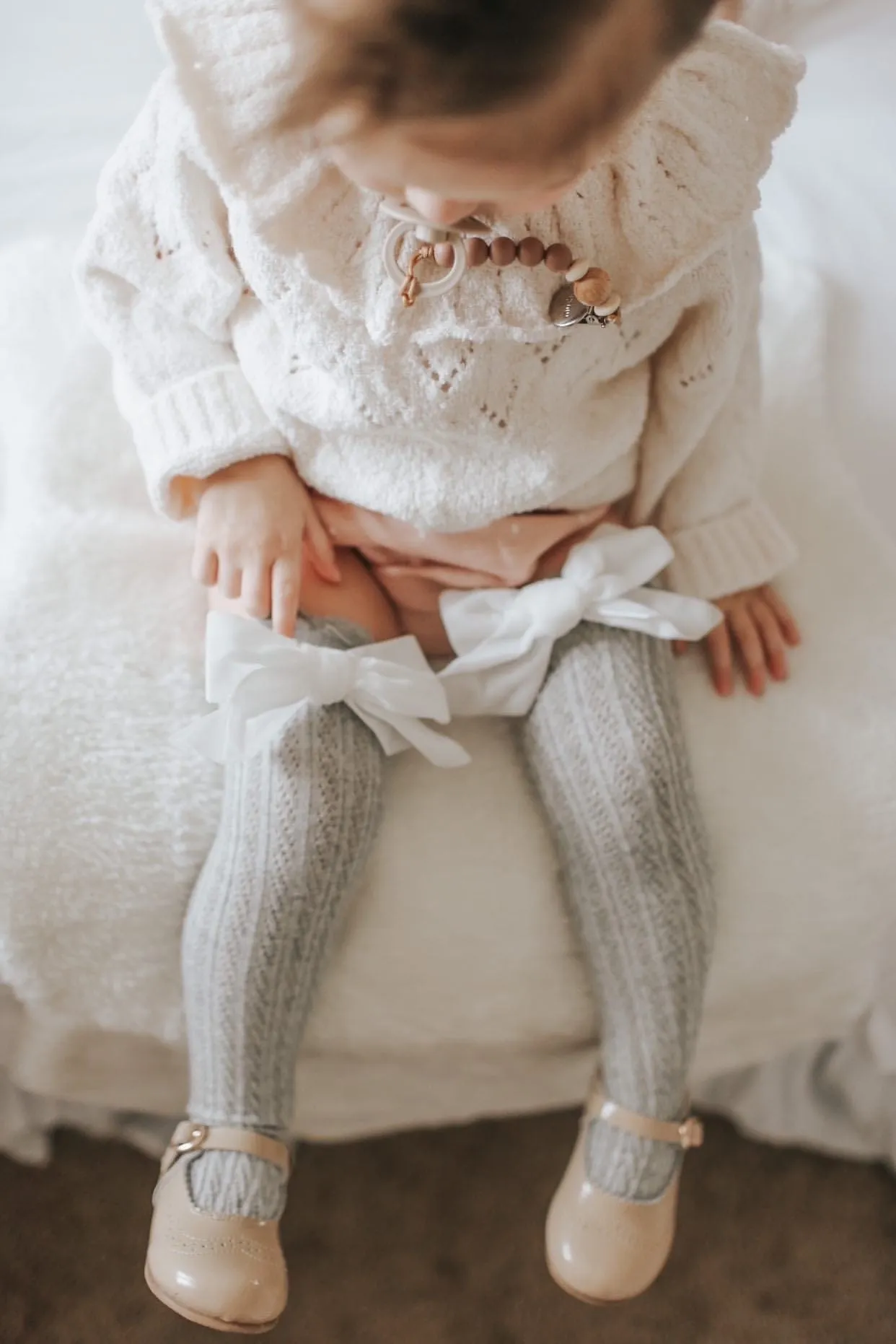 Grey Knee High Socks with Velvet Bows