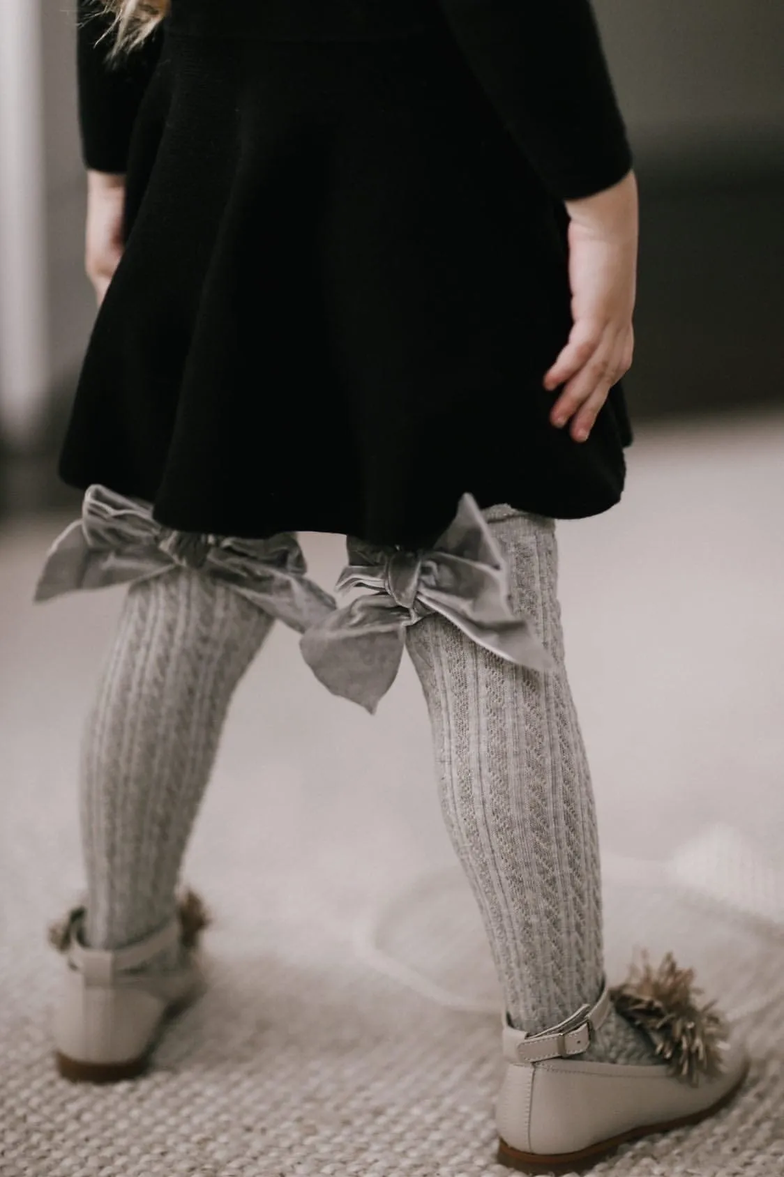 Grey Knee High Socks with Velvet Bows