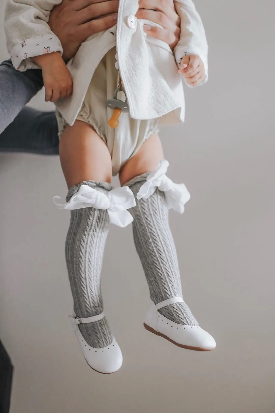 Grey Knee High Socks with Velvet Bows