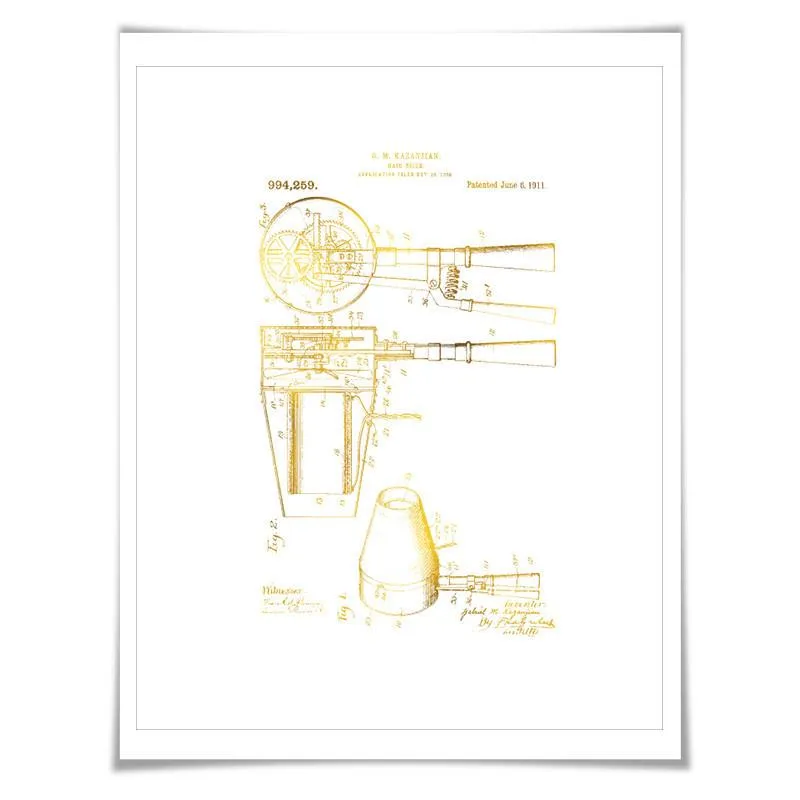 Hair Dryer Gold Foil Patent Illustration. 7 Foil Colours. Beauty Salon Art Print. Hairdresser Poster.