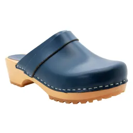 KLÄGN Tuva Wood Open Back Grip Cobalt Veg Tan Leather Clogs