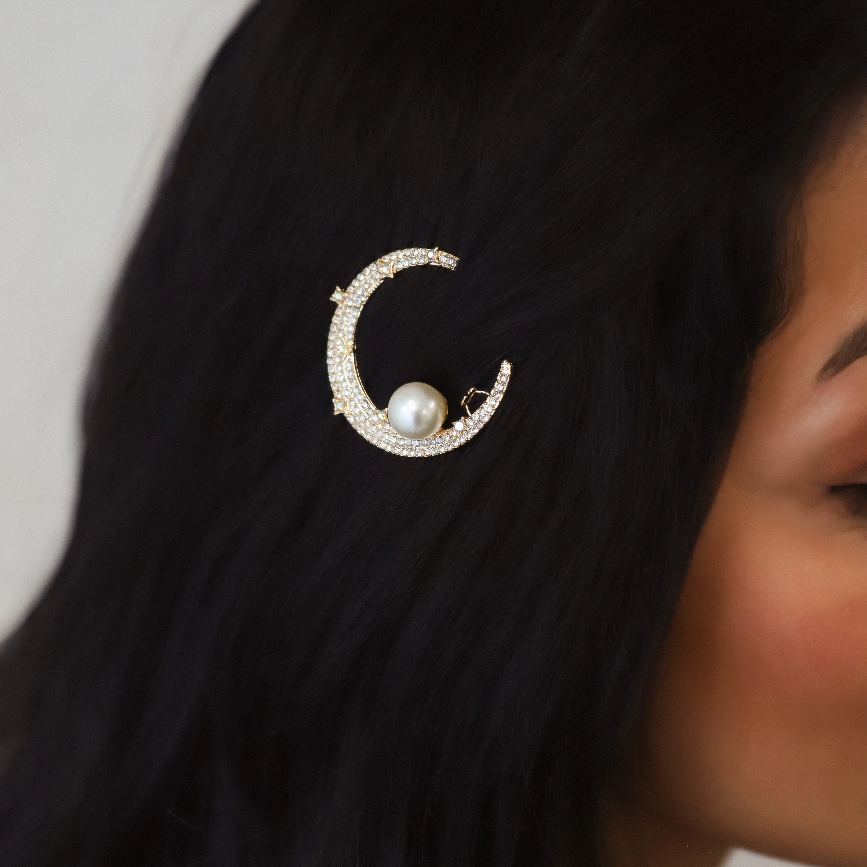 Layla Pearl Moon Hair Clip | Gold