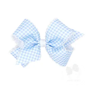 Light Blue Gingham Printed Grosgrain Hair bow With Moonstitch