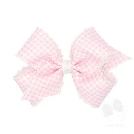 Light Pink Gingham Printed Grosgrain Hair bow With Moonstitch