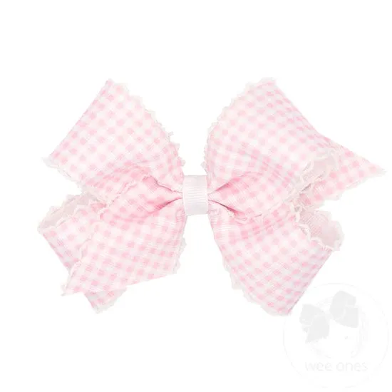 Light Pink Gingham Printed Grosgrain Hair bow With Moonstitch