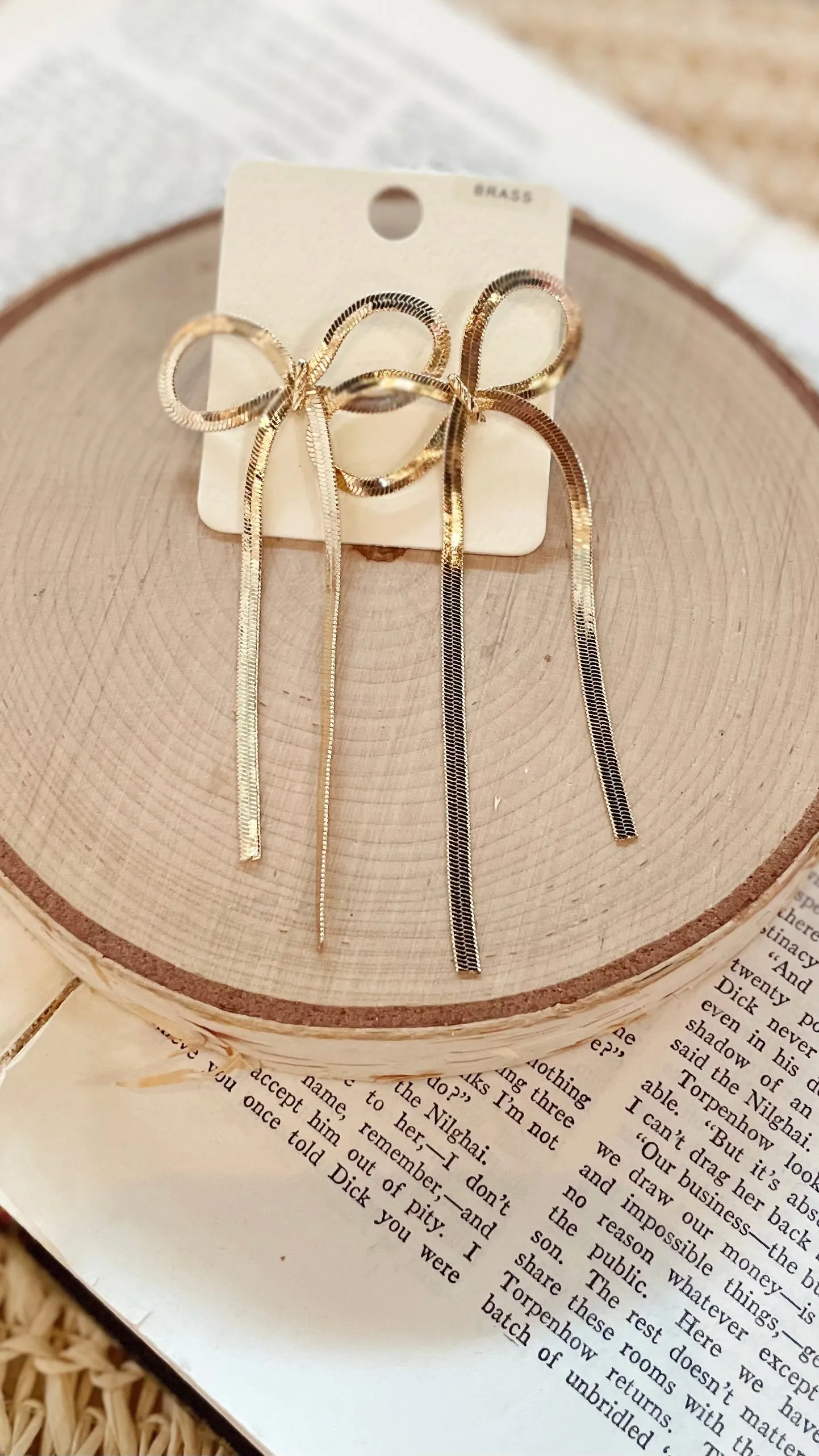 Long Gold Bow Snake Chain Earrings