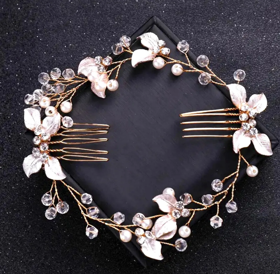 M-Gold Color Crystal Pearl Hair Comb