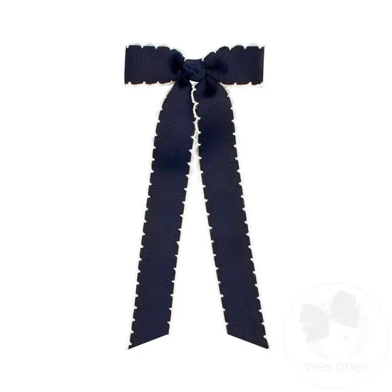 Medium Grosgrain Moonstitch Hair Bowtie with Knot Wrap and Streamer Tails