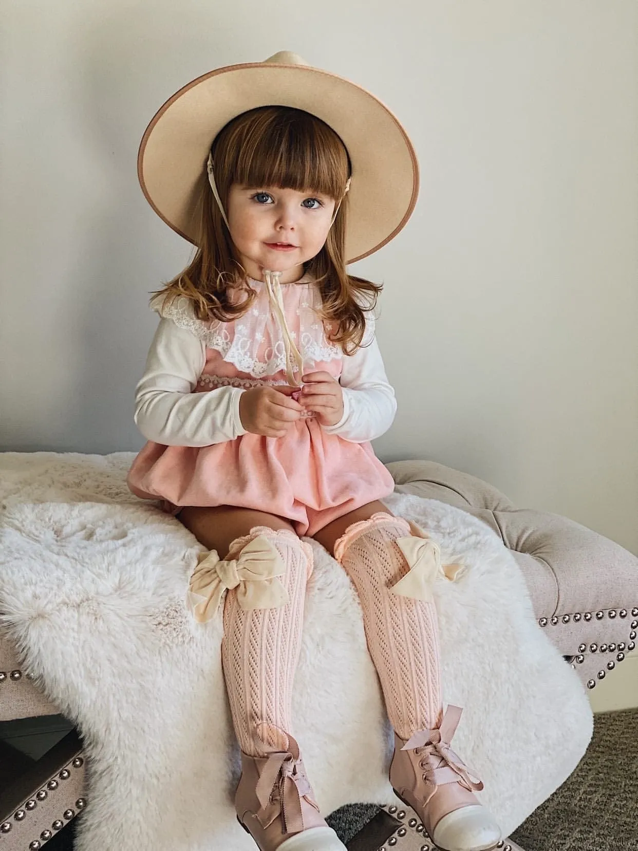 Peach Knee High Socks with Velvet Bows