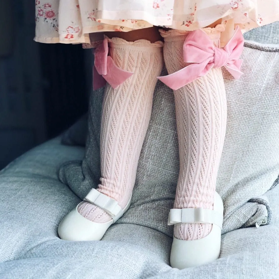 Peach Knee High Socks with Velvet Bows