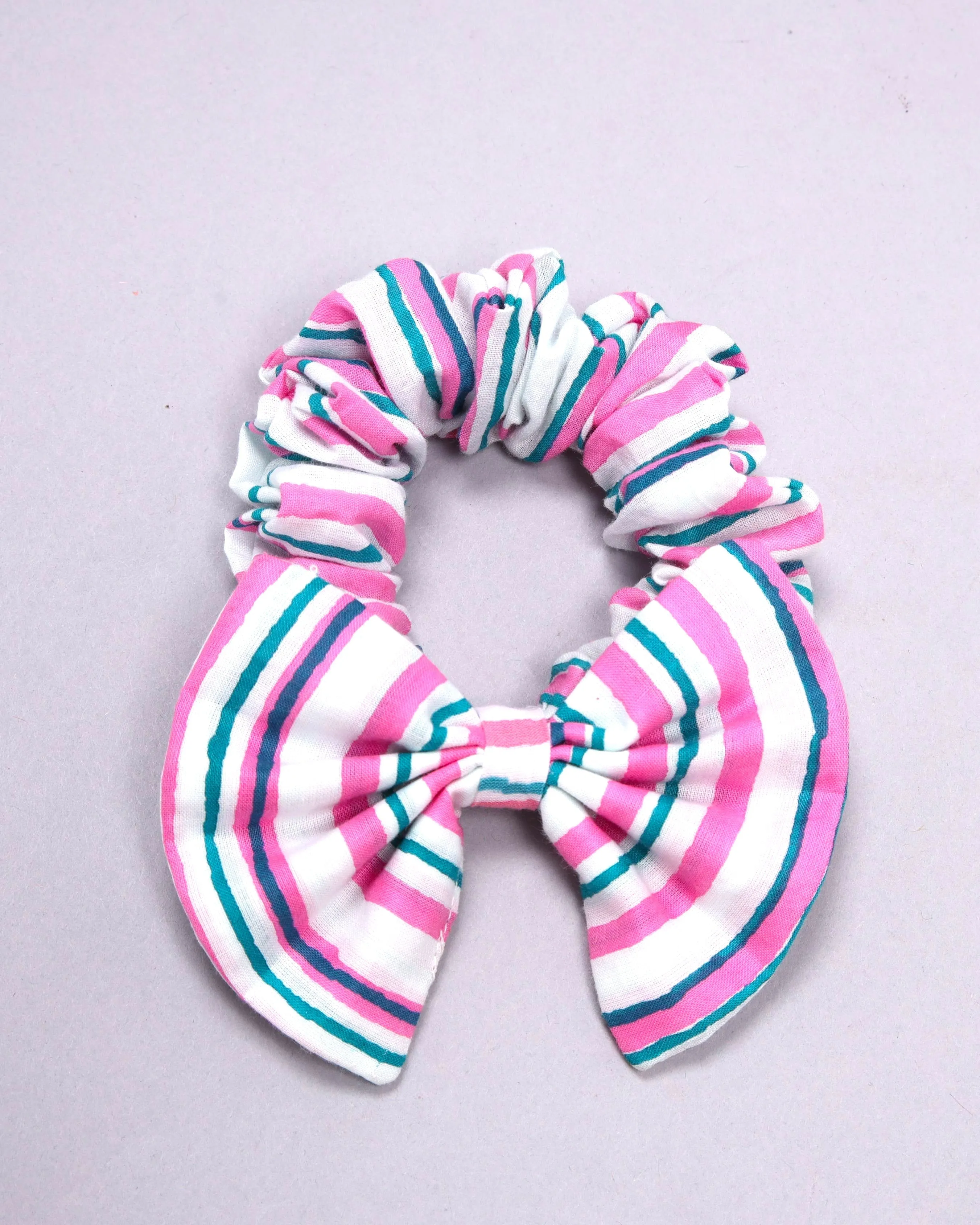 Pink Cosmos Handblock Bow Scrunchie