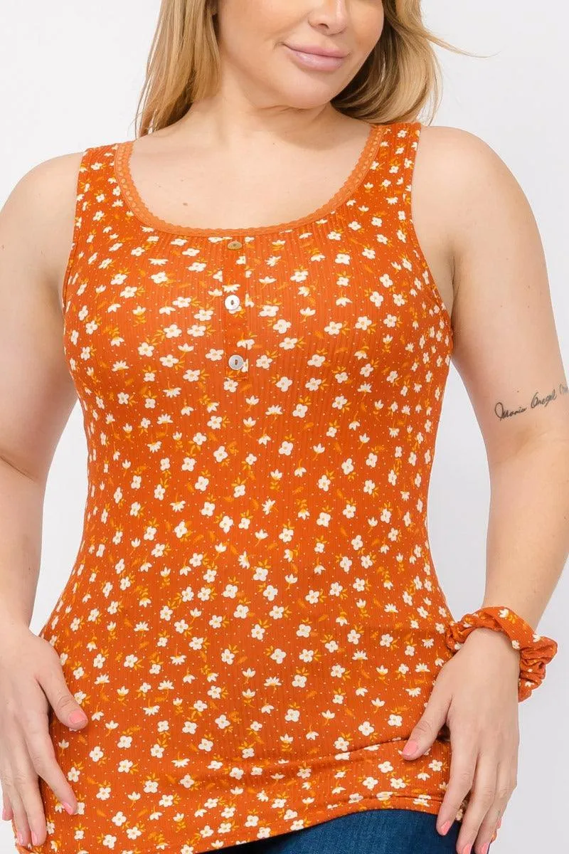 Plus Size Ribbed Knit Henley Tank Tops With Lace Trim - Orange & White Flowers