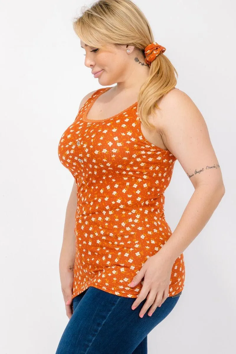 Plus Size Ribbed Knit Henley Tank Tops With Lace Trim - Orange & White Flowers