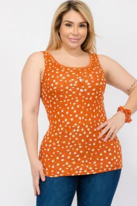 Plus Size Ribbed Knit Henley Tank Tops With Lace Trim - Orange & White Flowers