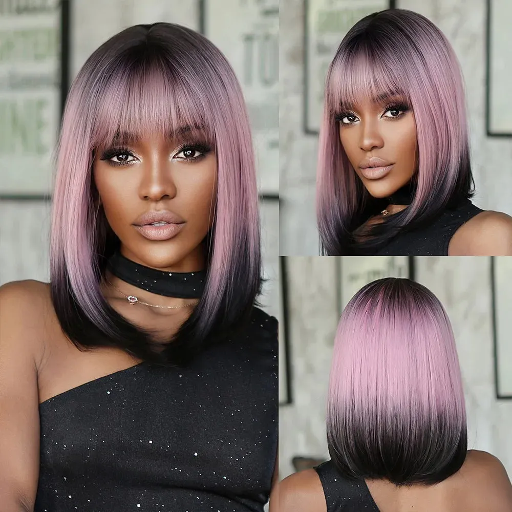 Purple Pink Ombre Black Short Straight Synthetic Wigs with Bangs Bob Wig for Women Daily Cosplay Party Heat Resistant Fake Hair