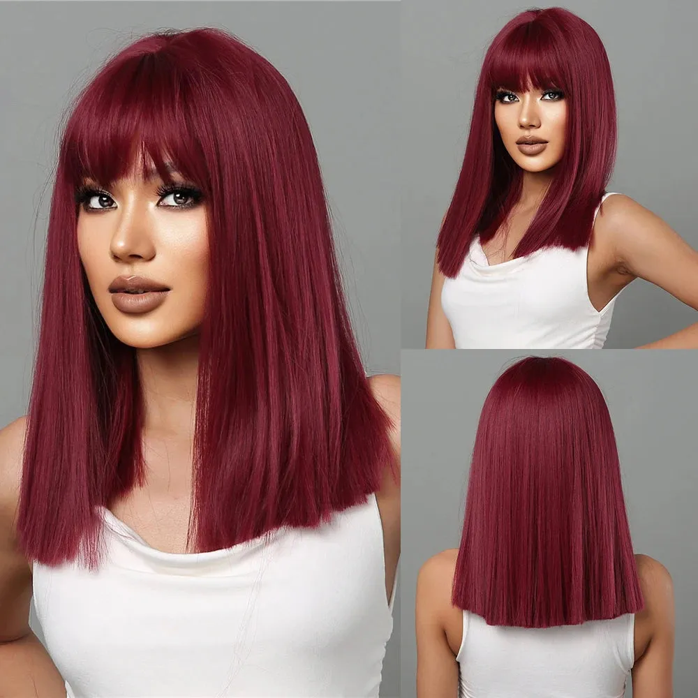 Purple Pink Ombre Black Short Straight Synthetic Wigs with Bangs Bob Wig for Women Daily Cosplay Party Heat Resistant Fake Hair