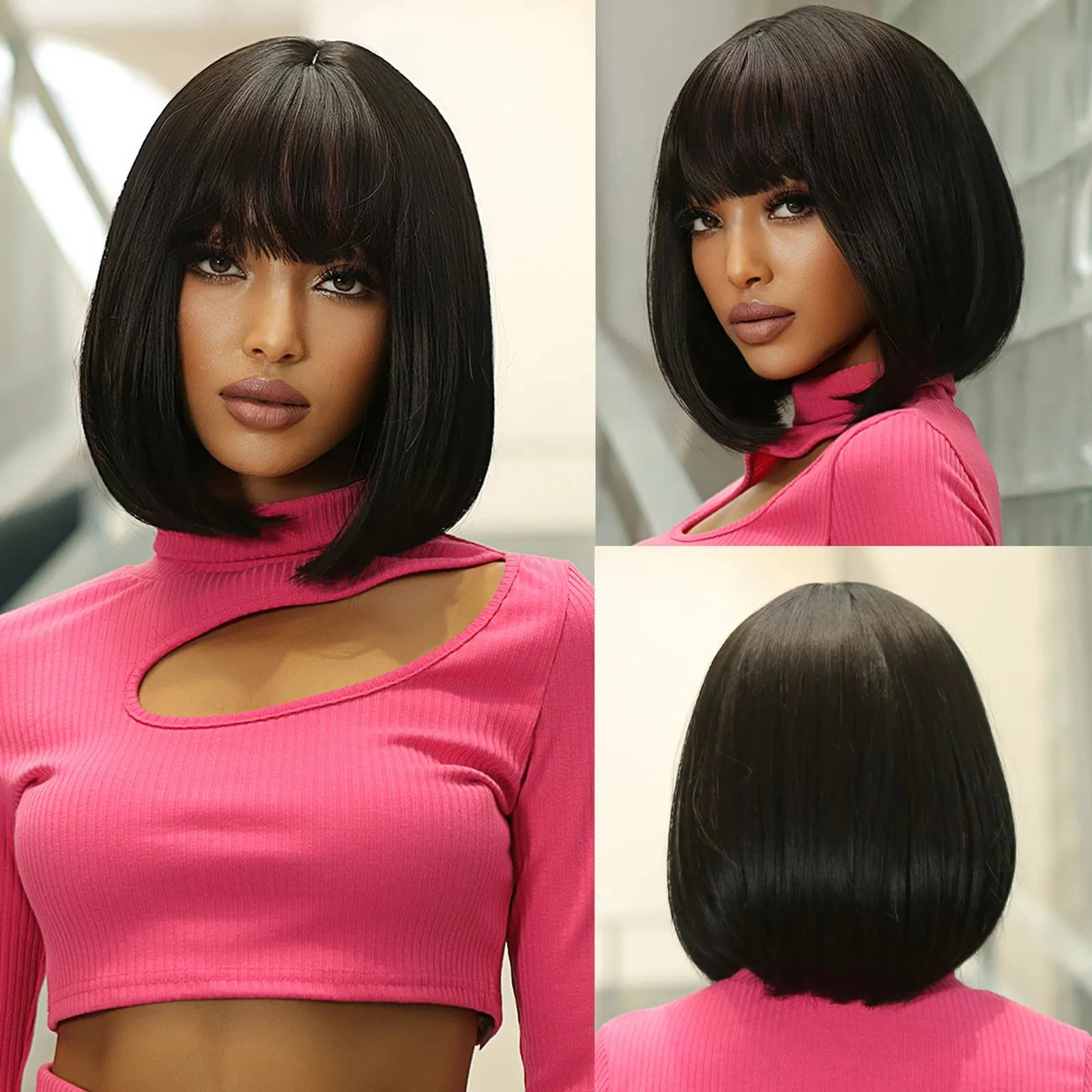 Purple Pink Ombre Black Short Straight Synthetic Wigs with Bangs Bob Wig for Women Daily Cosplay Party Heat Resistant Fake Hair