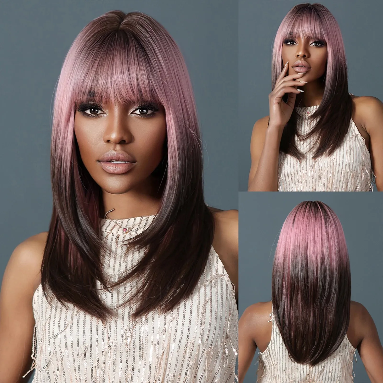 Purple Pink Ombre Black Short Straight Synthetic Wigs with Bangs Bob Wig for Women Daily Cosplay Party Heat Resistant Fake Hair