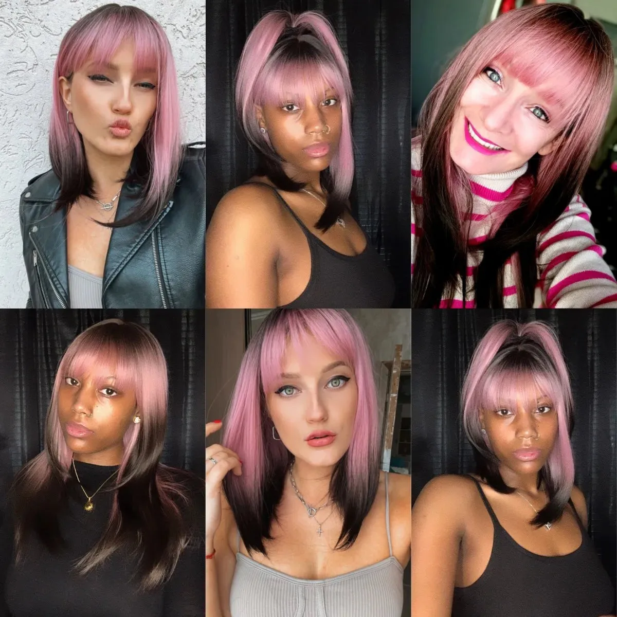 Purple Pink Ombre Black Short Straight Synthetic Wigs with Bangs Bob Wig for Women Daily Cosplay Party Heat Resistant Fake Hair