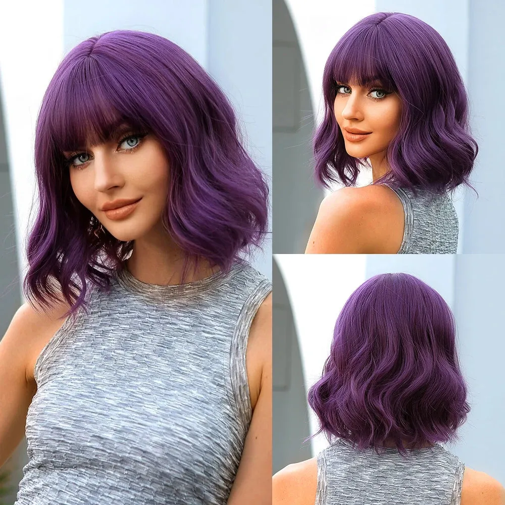 Purple Pink Ombre Black Short Straight Synthetic Wigs with Bangs Bob Wig for Women Daily Cosplay Party Heat Resistant Fake Hair