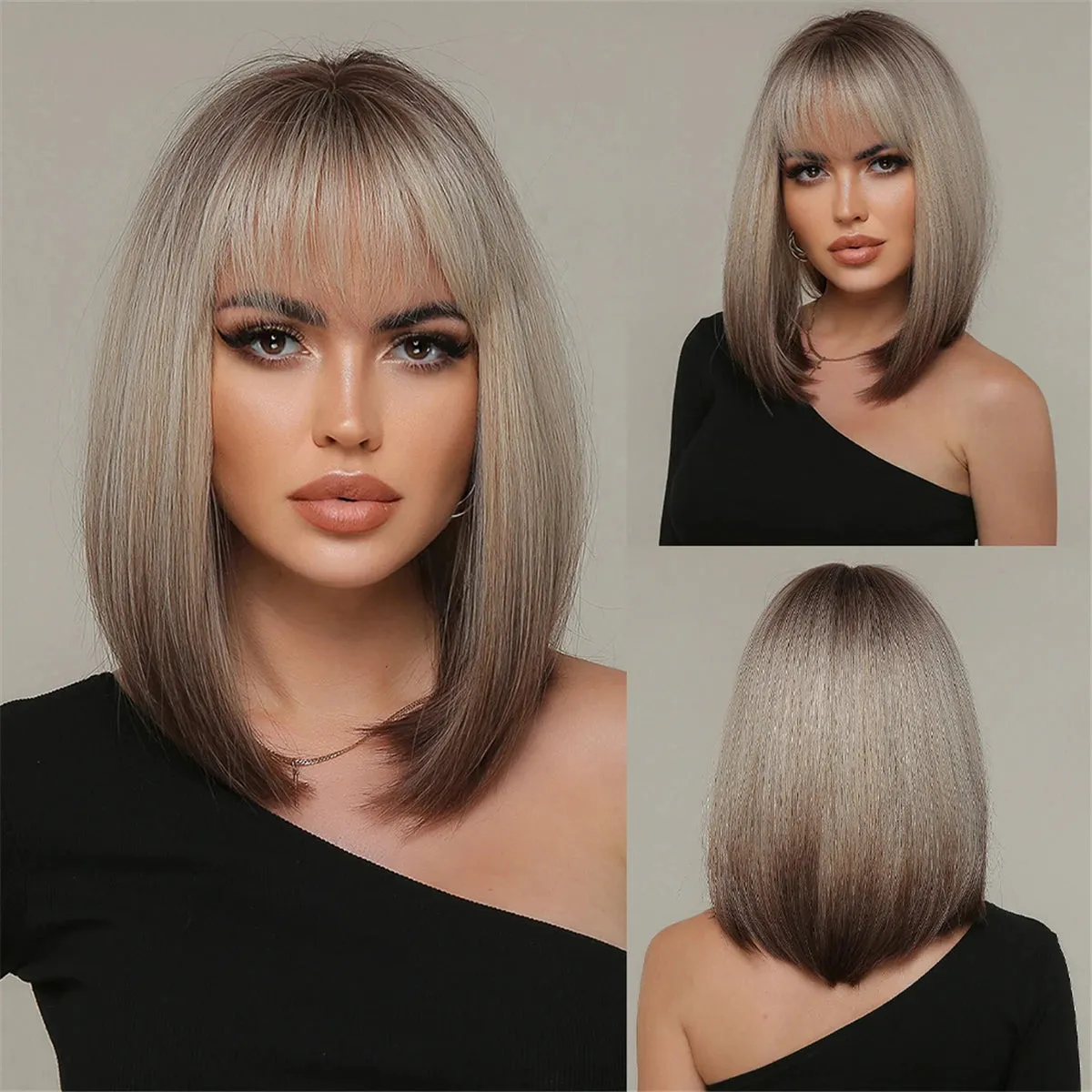 Purple Pink Ombre Black Short Straight Synthetic Wigs with Bangs Bob Wig for Women Daily Cosplay Party Heat Resistant Fake Hair