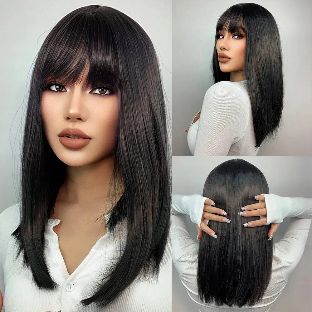 Purple Pink Ombre Black Short Straight Synthetic Wigs with Bangs Bob Wig for Women Daily Cosplay Party Heat Resistant Fake Hair