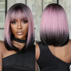 Purple Pink Ombre Black Short Straight Synthetic Wigs with Bangs Bob Wig for Women Daily Cosplay Party Heat Resistant Fake Hair