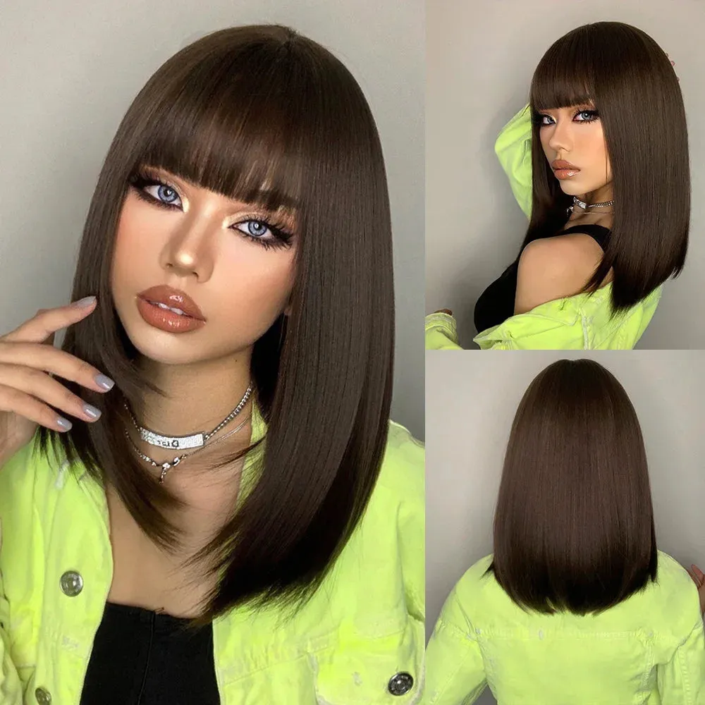 Purple Pink Ombre Black Short Straight Synthetic Wigs with Bangs Bob Wig for Women Daily Cosplay Party Heat Resistant Fake Hair