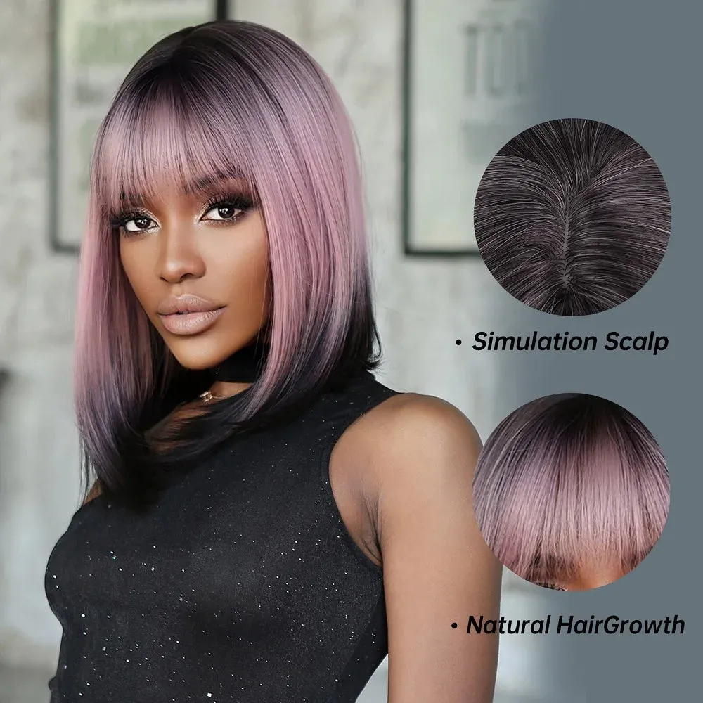 Purple Pink Ombre Black Short Straight Synthetic Wigs with Bangs Bob Wig for Women Daily Cosplay Party Heat Resistant Fake Hair